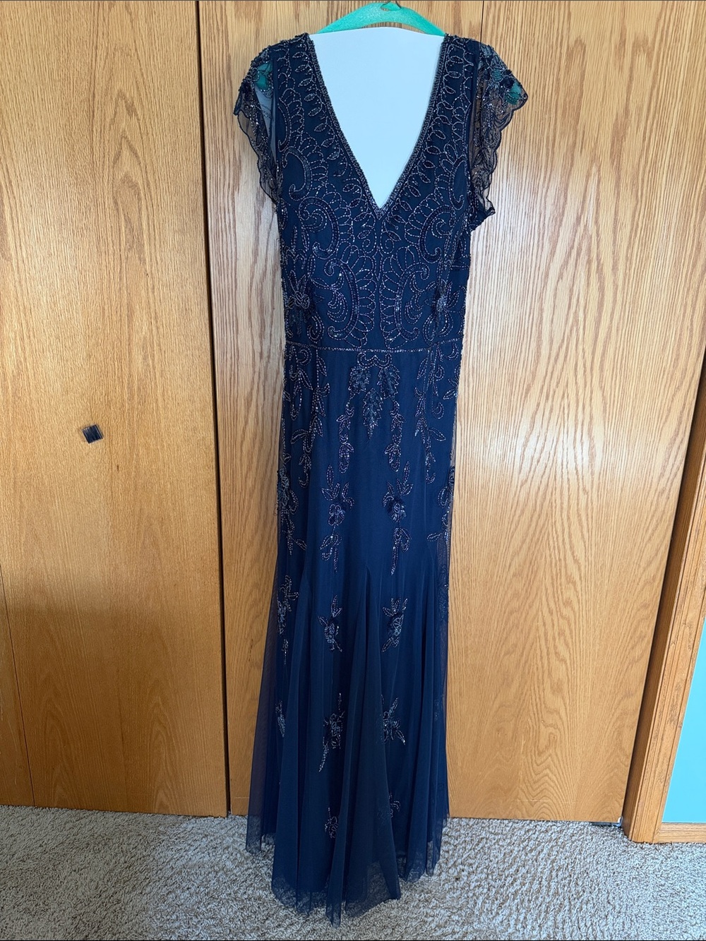 Adrianna Papell Navy Beaded V-Neck Maxi Gown